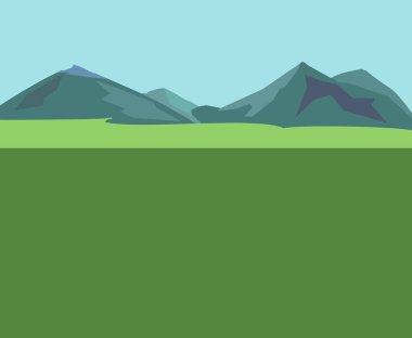Ufukta dağlar, mavi gökyüzü ve ön planda yeşil alan olan minimalist bir manzara.