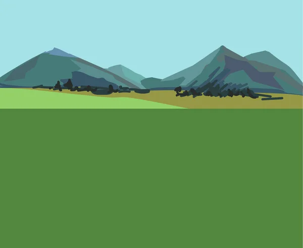 Paisaje Minimalista Con Montañas Horizonte Cielo Azul Campo Verde Primer — Vector de stock