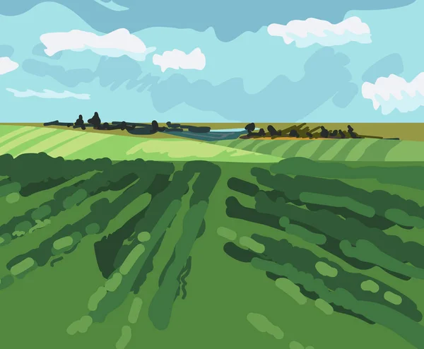 Ландшафт Зеленым Полем Синим Небом Импрессионистической Манере — стоковый вектор