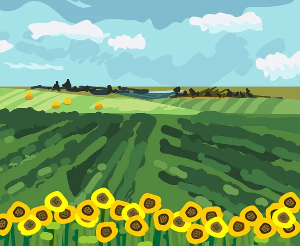 Paisaje Con Campo Verde Girasoles Amarillos Cielo Azul Forma Impresionista — Vector de stock