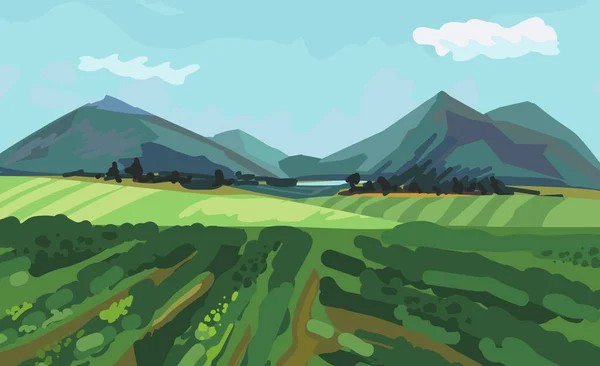 Paisaje Con Campo Verde Montañas Horizonte Cielo Azul Forma Impresionista — Vector de stock