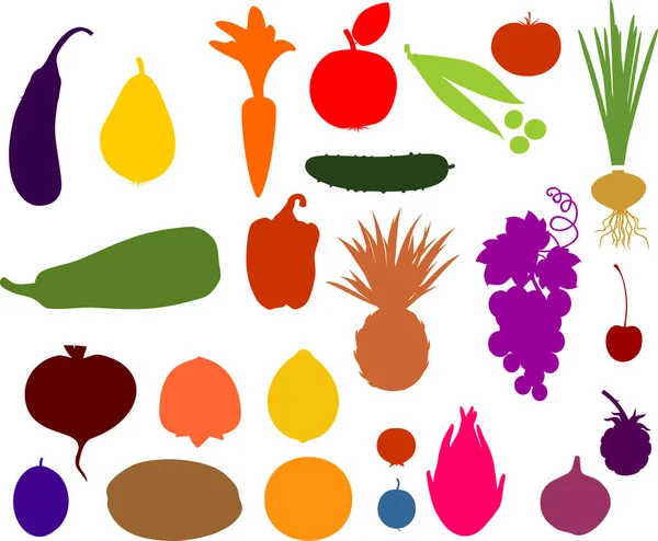 Große Reihe Von Silhouetten Von Verschiedenen Gemüse Und Früchten Isoliert — Stockvektor