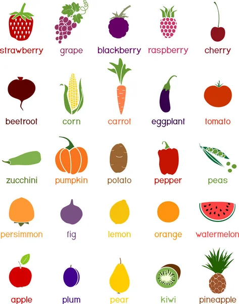 Collection Icônes Fruits Légumes Différentes Couleurs Style Plat Isolés Sur — Image vectorielle