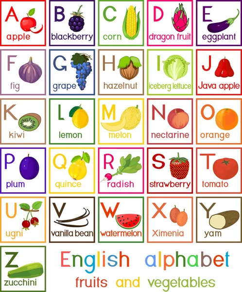 Αγγλικό Αλφάβητο Φρούτα Και Λαχανικά Για Παιδική Εκπαίδευση — Διανυσματικό Αρχείο