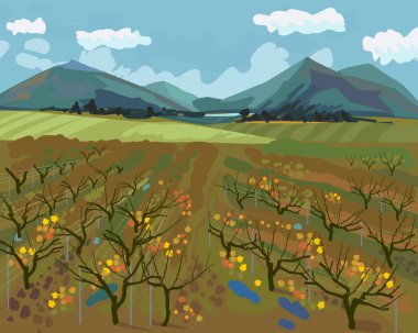 Üzüm bağlarıyla sonbahar manzarası, ufukta dağlar ve empresyonist bir tavırla mavi gökyüzü.