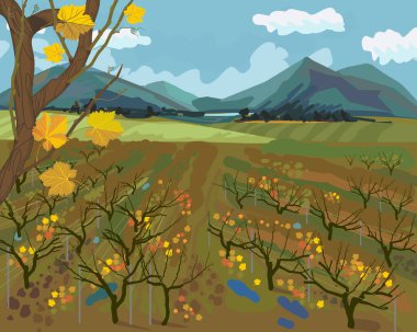 Üzüm bağlarıyla sonbahar manzarası, ufukta dağlar ve empresyonist bir tavırla mavi gökyüzü.