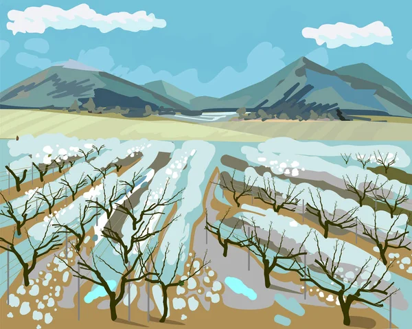 Paysage Hivernal Avec Vignoble Montagnes Horizon Neige Impressionniste — Image vectorielle