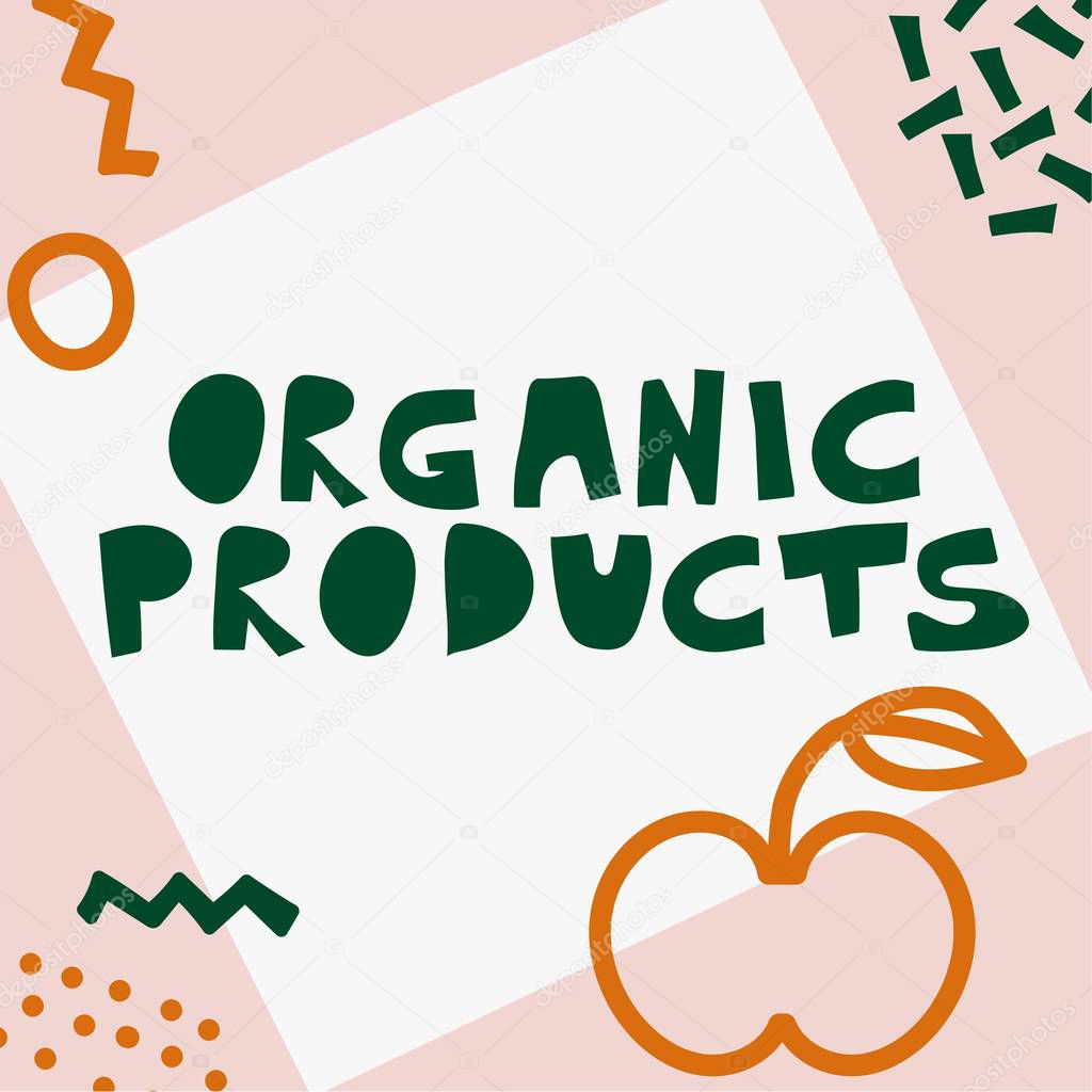 card with lettering organic products and apple , simply vector illustration 