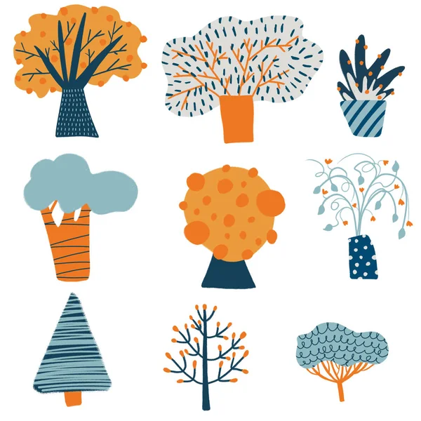Set of trees - hand drawn illustration. Blue and orange trees and plants. Background with floral elements. Children clothes, textile, notebooks, covers, postcards, banners etc.