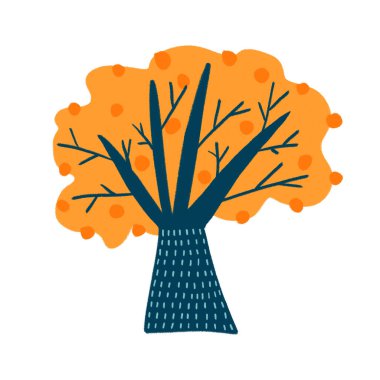 El çizimi mavi ve turuncu ağaç çizimi -01. Kartpostal, poster, afiş, çocuk kıyafetleri, tişörtler, battaniyeler, defterler, kapak vs. için sevimli çizimler.