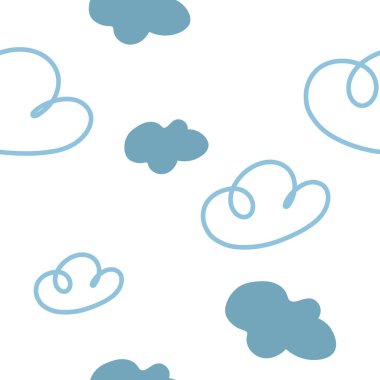 Eşsiz bulut çizimi. Çocuk kıyafetleri, duvar kağıtları, günlükler, not defterleri, kartpostallar, afişler için vektör arkaplan. Mavi bulutlu kusursuz desen