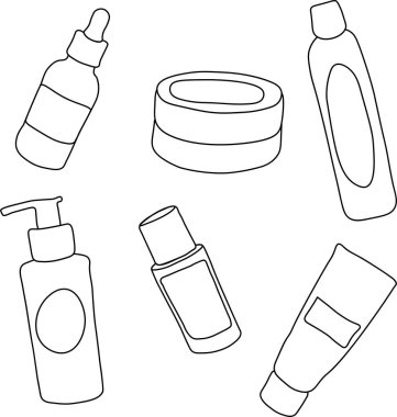 Hand drawn cosmetic icons. Doodle spa set on white background. Vector illustration with bathroom things. Shampoo, oil, lotion, cream, serum, peeling, hydrophilic oil, benzoyl peroxide