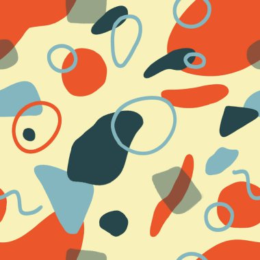 Hand drawn abstraction with different orange and blue circles and dots. Abstract illustration for postcard, greetings, poster, banner, cover. Seamless pattern with abstract shapes