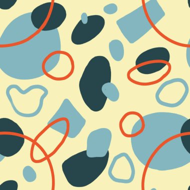 Dairesel ve benekli soyut süs. Elips ve şekillerle kusursuz desen. Kapak, kart, tekstil, kıyafetler, tişört, afiş, poster, duvar kağıdı, iç tasarım, mutfak tasarımı vb..