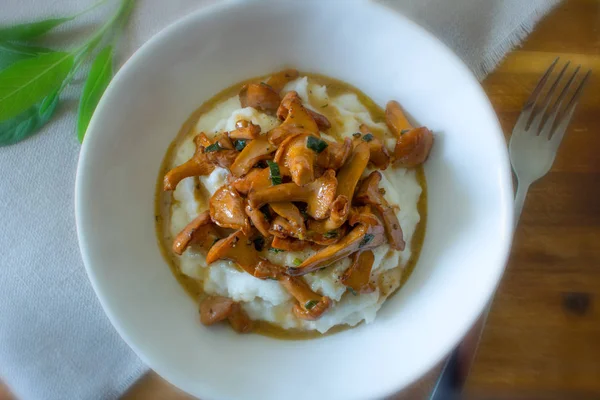 Food Photography Creamy Polenta Chantrelle Mushrooms Apricot Sauce — Stock Photo, Image