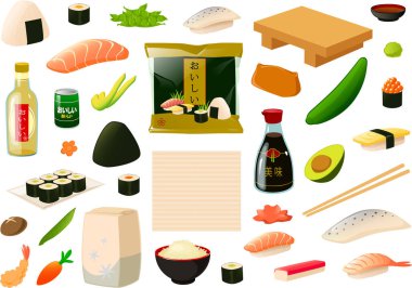 Vector illustration of a sushi set or kit with different japanese ingredients and foods clipart