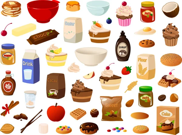 Ilustración Vectorial Varios Tipos Ingredientes Para Hornear Alimentos Dulces Postre —  Fotos de Stock