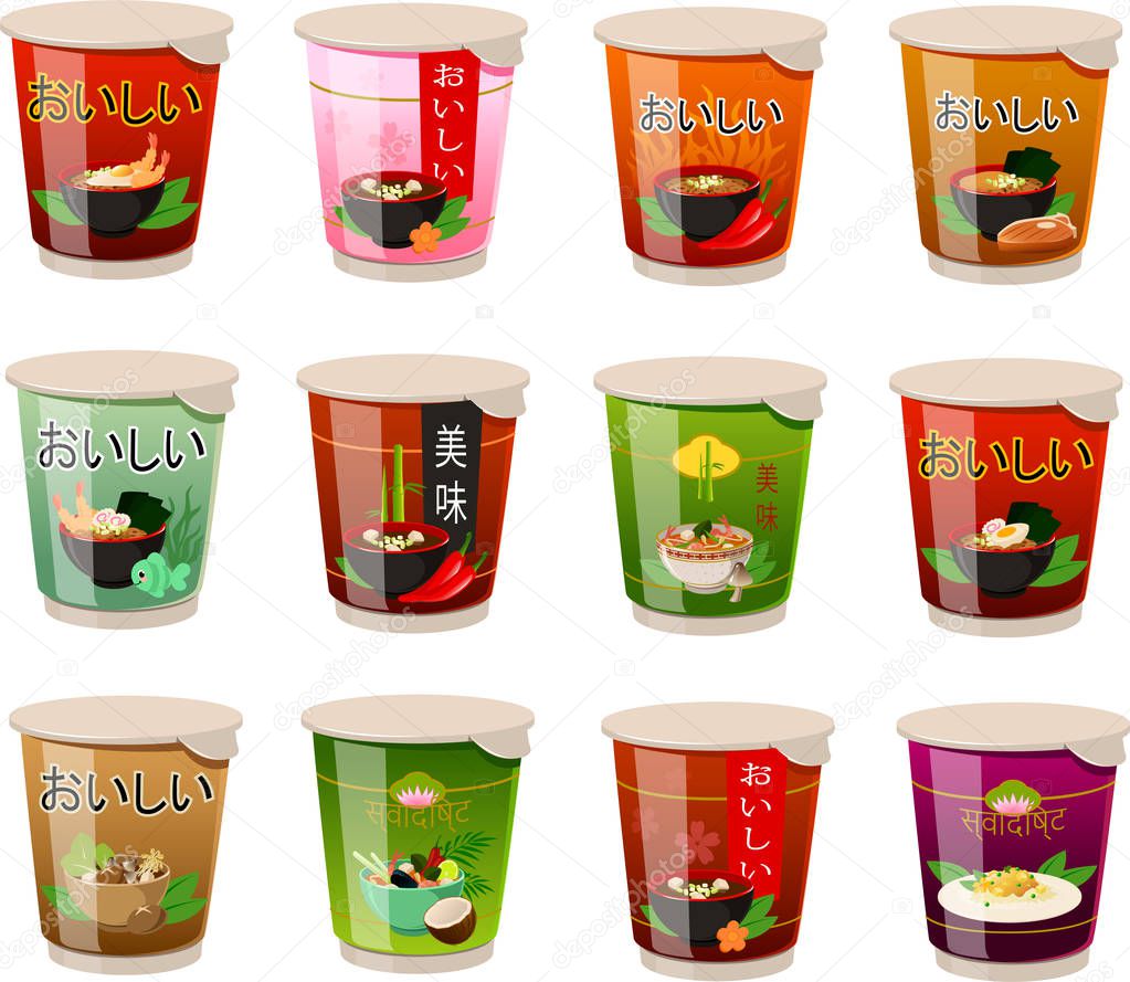 Vector illustration of various kinds of Asian Japanese and Chinese instant noodle soups or cup noodles