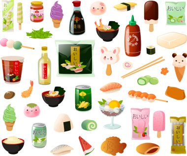 Çeşitli Asya tatlı Japon gıda ürünlerinin ve yemek tabaklarının vektör çizimi