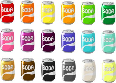 Beyaz arkaplanda izole edilmiş çeşitli soda kutularının vektör illüstrasyonu