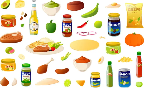 Ilustración Vectorial Varios Alimentos Ingredientes Artículos Despensa Mexicanos Latinoamericanos — Vector de stock