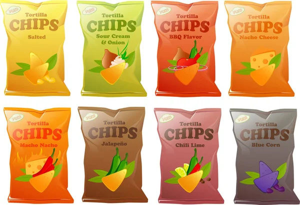 Ilustración Vectorial Varios Tipos Chips Nacho Mexicanos Chips Tortilla — Vector de stock