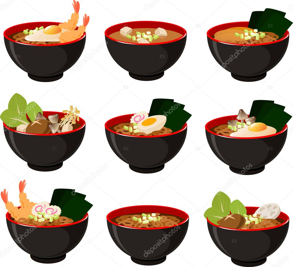 Vector illustration of various Asian Japanese noodle soups or ramen in traditional wooden bowls
