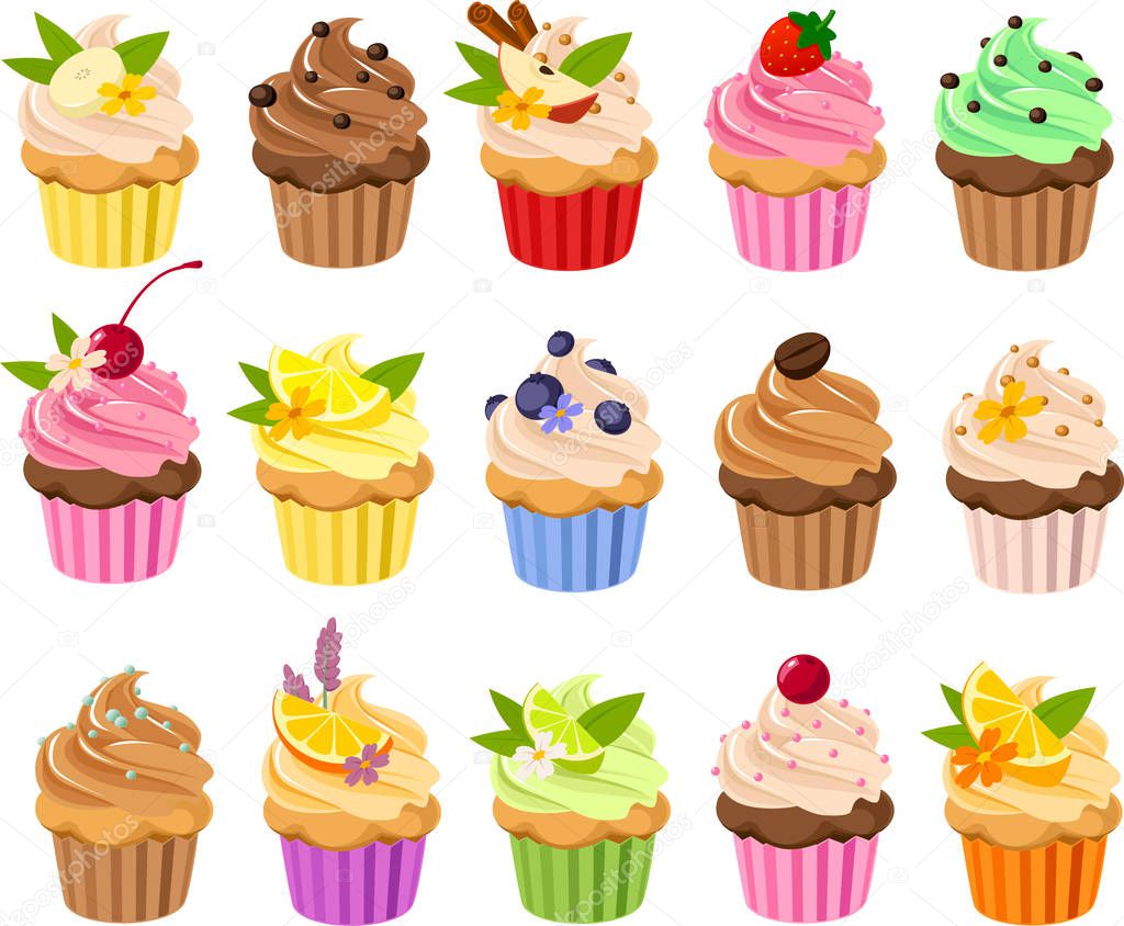 Vector illustration of various kinds of cup cakes with colorful toppings and frosting