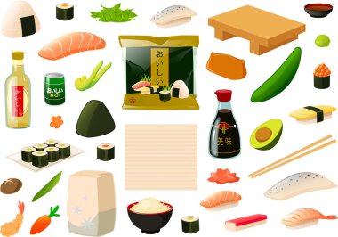 Vector illustration of various asian japanese sushi food items and ingredients isolated on white background clipart