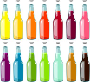 Çeşitli meyve sularının vektör çizimi veya cam şişelerdeki gazoz içecekleri