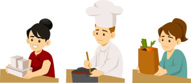 Garson, aşçı ve kasiyer olarak çalışan insanların vektör çizimi