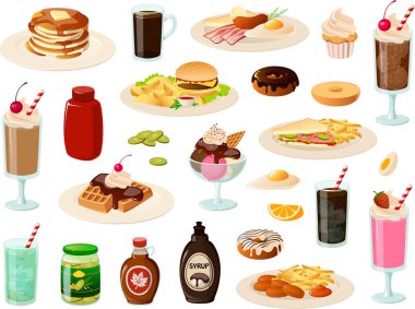 Tipik Amerikan lokantasının vektör çizimi fast food yemekleri, öğeler ve malzemeler