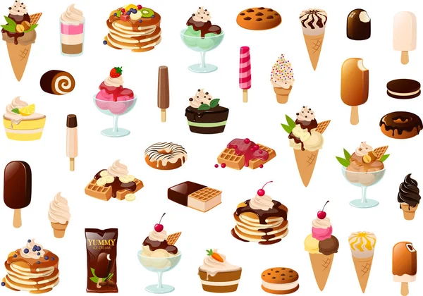 Vector Illustration Various Cakes Waffles Pancakes Ice Creams — 스톡 벡터