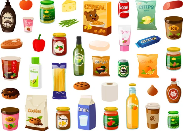 Vector Illustratie Van Diverse Dagelijkse Voorraadkast Boodschappen Voedsel Items — Stockvector