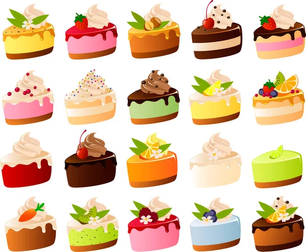 Illustrazione Vettoriale Varie Fette Torta Torta Con Frutta Cioccolato — Vettoriale Stock