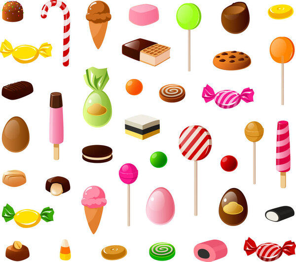 Vector illustration of various kinds of candies, caramels and chocolates