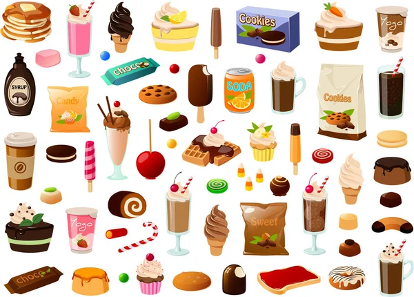 Εικονογράφηση Διάνυσμα Των Διαφόρων Γλυκών Κέικ Επιδόρπια Και Παγωτά — Διανυσματικό Αρχείο