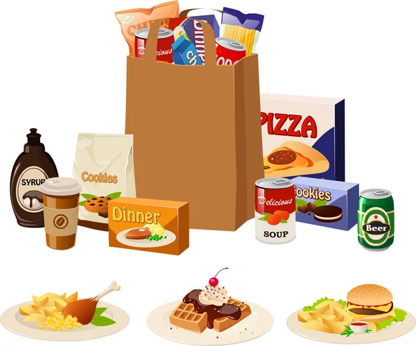 Alışveriş Poşeti Alışveriş Poşeti Çeşitli Yemek Malzemelerle Illüstrasyon — Stok Vektör