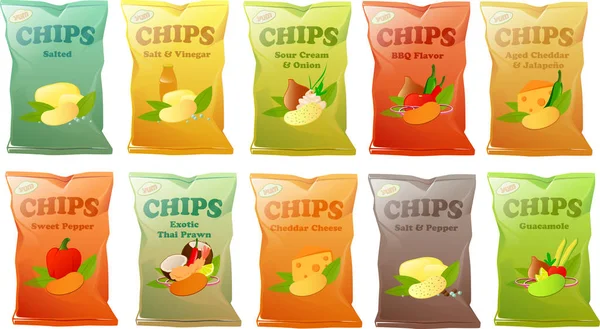 Ilustración Vectorial Varias Bolsas Chips Con Diferentes Sabores — Vector de stock