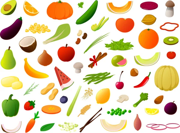 Ilustración Vectorial Conjunto Alimentos Verduras Frutas — Vector de stock