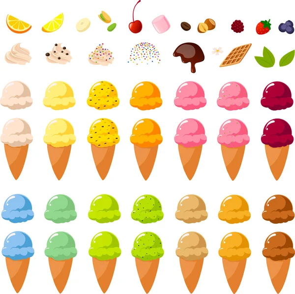 Vector Illustration Various Ice Creams Scoops Sugar Cones Toppings — Stock Vector