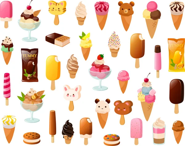 Vector Illustration Various Kinds Cute Frozen Ice Cream Dessert Treats — 스톡 벡터