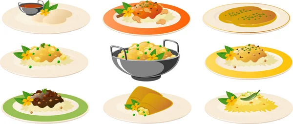Vector Illustration Various Asian Indian Food Dishes — ストックベクタ