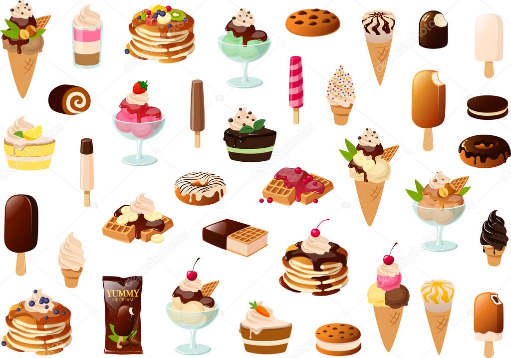 Vector illustration of various cakes, waffles, pancakes and ice creams