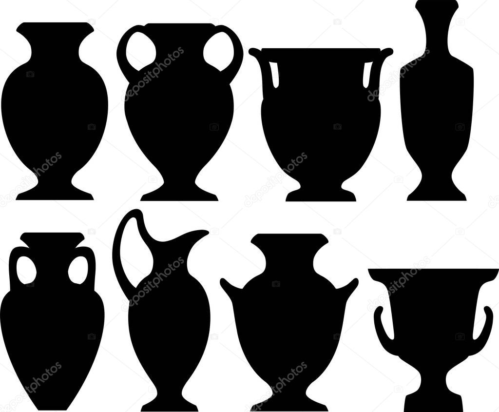 Vector illustration of ancient Greek clay vases, pitchers and amphora