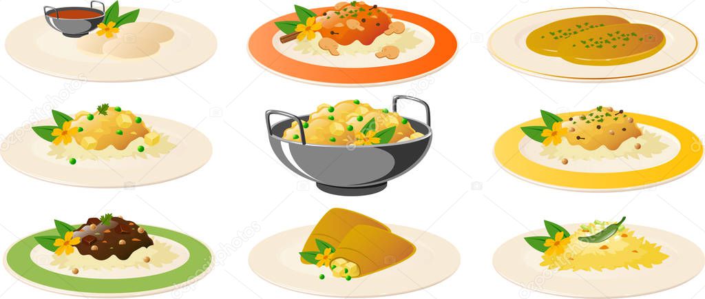 Vector illustration of various Asian Indian food dishes.