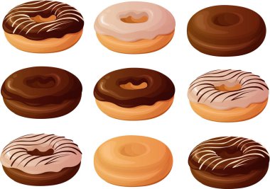 Beyaz arka planda izole edilmiş çeşitli eski düz, jöleli ve çikolatalı donutların vektör çizimi