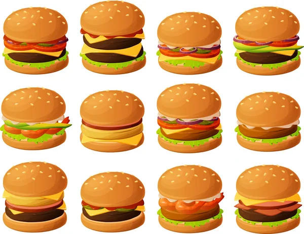 Vektorová Ilustrace Různých Hamburgerů Izolovaných Bílém Pozadí — Stockový vektor