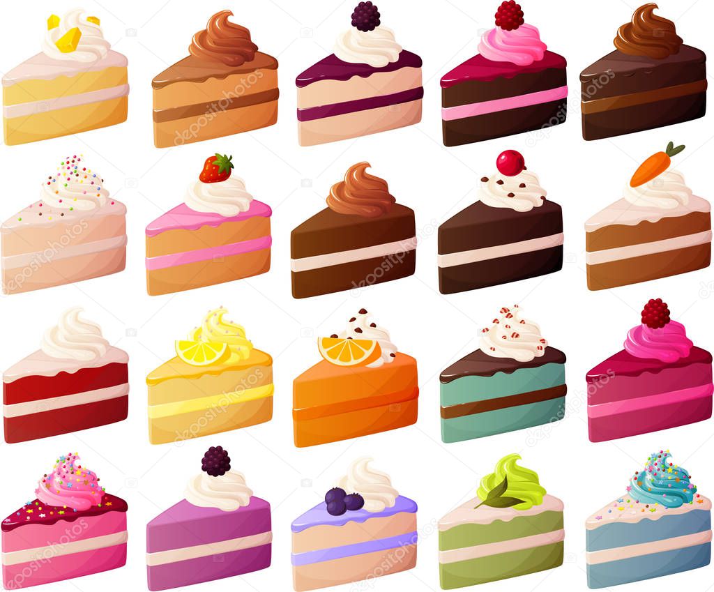 Vector illustration of various slices of cake with whipped cream isolated on white background