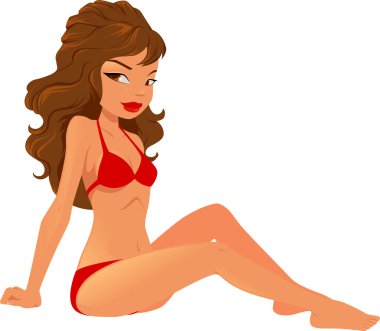 Kırmızı bikini giyen esmer bir kadının vektör çizimi.